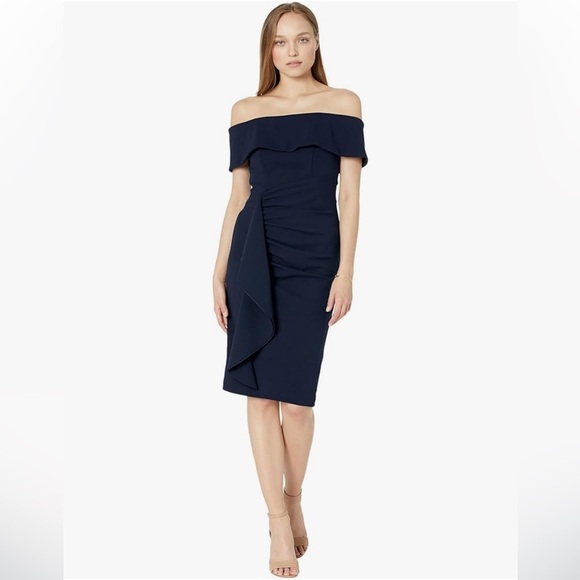 Xscape Evenings Off the Shoulder Ruffle Scuba Sheath Dress women’s Size 12 - Picture 1 of 14
